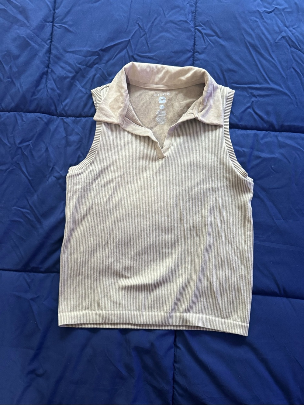 Hot Kiss Sleeveless Ribbed Polo Tank - Beige